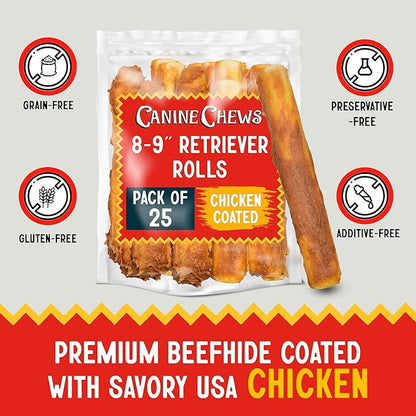 Canine Chews 8-9" Chicken Coated Dog Rawhide Retriever Rolls (25 Pack) - Chicken Rawhide Bones for Large Dogs - 100% USA-Sourced Chicken Coated Dog Rawhide Chews - Healthy Dog Dental Chew Rawhides