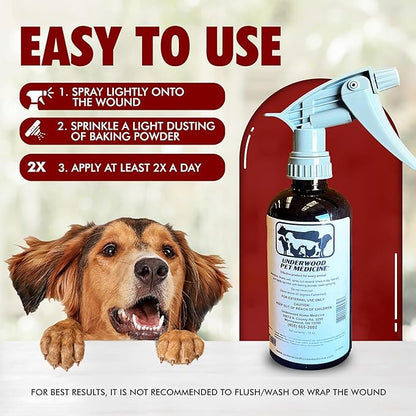 Underwood Pet Wound Care Spray – Versatile & Economical Wound Care Solution for All Animals - Prevents Infections, Gentle & Easy to Use - Antiseptic Spray Suitable for Cuts, Scrapes & Open Wounds