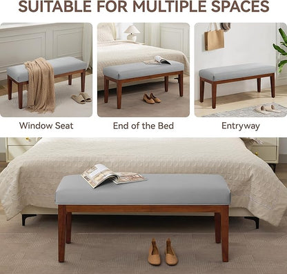 WUTUTUEE 43.5'' Faux Leather Bedroom Bench, Upholstered End of Bed Bench, Padded Vintage Dining Bench, Entryway Bench with Solid Wood Legs, Kitchen, Living Room, Hallway, Grey