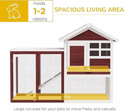 PawHut 49" Wooden Rabbit Hutch Bunny Cage with Waterproof Asphalt Roof, Fun Outdoor Run, Removable Tray and Ramp, for Rabbits, Chickens, Ducks, Brown