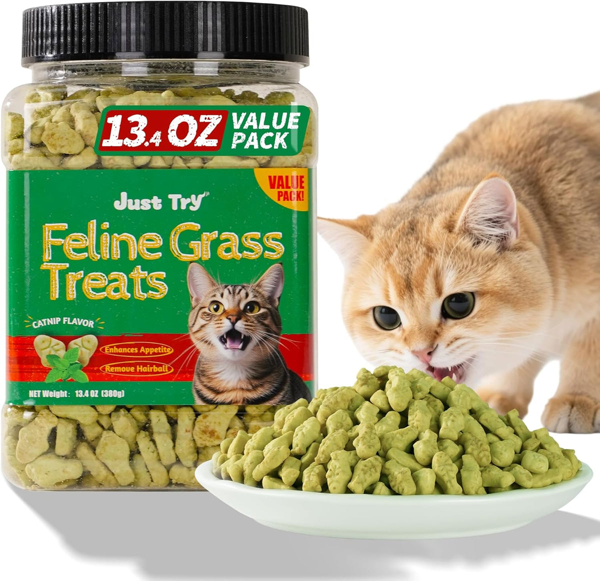 Just Try 13.4 OZ Cat Treats for Indoor Cats Hairball Control Natural Salmon Healthy Cat Grass Treats Kitten Snacks Training Biscuits Catnip for Cats Dental Care