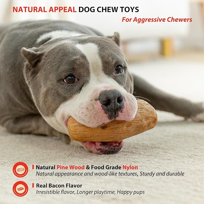 Willjoy 2-Pack Tough Dog Toys for Aggressive Chewers, Pine Wood and Nylon Dog Chew Toys, Aggressive Chew Toys for Large Dogs, Bacon Indestructible Dog Toy, Large Dog Toys to Keep Them Busy