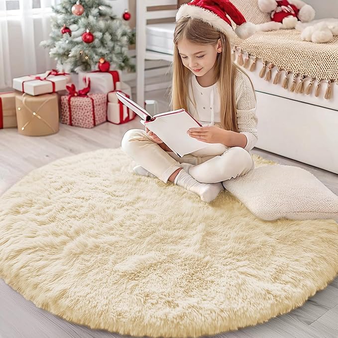 OLANLY Cream Round Rugs for Bedroom - Machine Washable, 4 ft Circle Area Rugs for Living Room, Soft and Fluffy Shaggy Carpet for Teen Girl and Boys, Nursery Rooms, Dorms, Home Decor Aesthetic