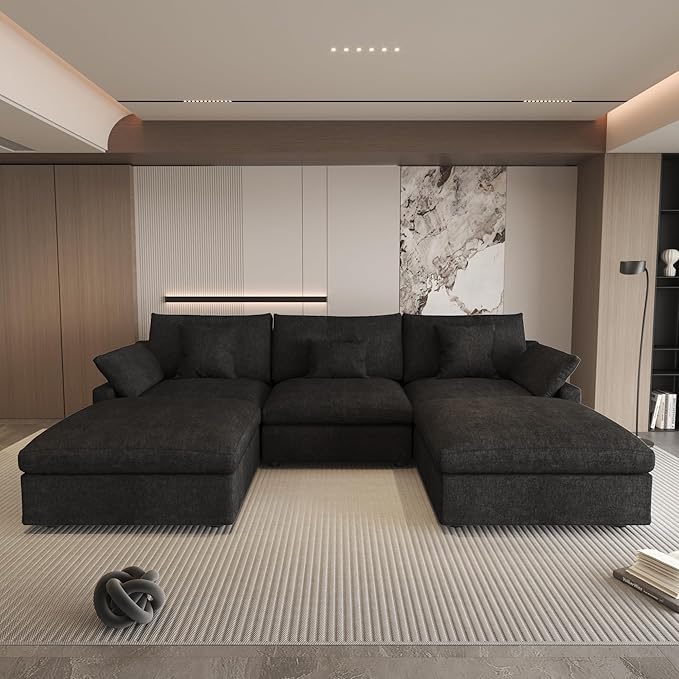 Cloud Modular Sectional Sofa Couch for Livingroom,119inch Down Filled U Shaped Couch with Wide Seat,Convertible Sectional Sofa with Ottoman,Covers Washable&Replaceable,Black
