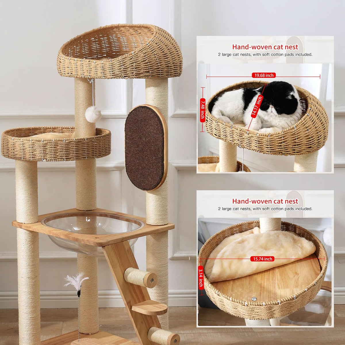 Solid Wood Cat Tree, 50 Inch Modern Cat Tower with Space Capsule, Hand-Woven Basket Nest, Sisal Posts & Scratching Board, Heavy-Duty Multi-Level Indoor Tower