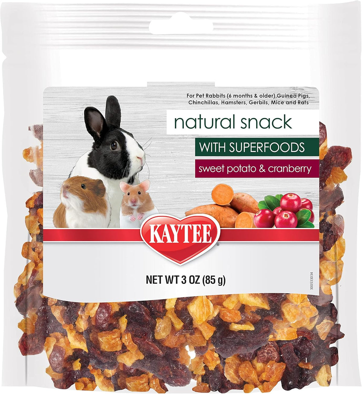 Kaytee Natural Snack with Superfoods For Pet Guinea Pigs, Rabbits, Hamsters, and Other Small Animals, Sweet Potato & Cranberry, 3 Ounces
