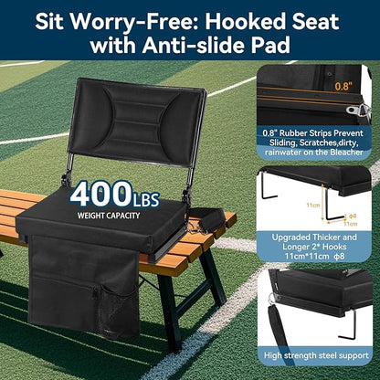 Extra Wide Stadium Seat with Back Support | Adjustable High Back & Thick Padded | Bleacher Chairs with back and Cushion, Includes Cup Holder, Shoulder Strap, Perfect for Concerts, Sports Events-BL