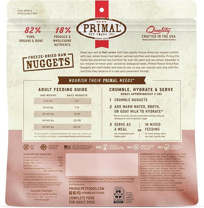 Primal Freeze Dried Raw Dog Food Nuggets, Pork, Complete & Balanced Meal, Also Use as Topper or Treat, Premium, Healthy, Grain Free, High Protein Raw Dog Food, 14 oz (Pack of 4)