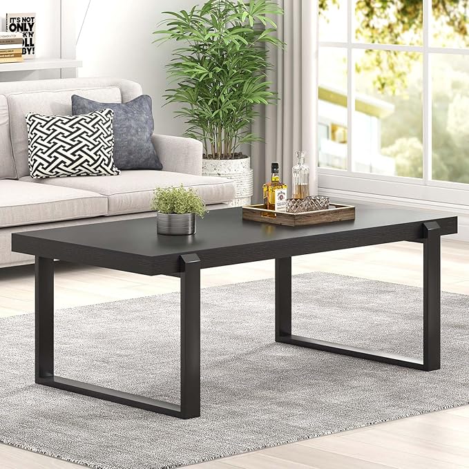 FOLUBAN Black Coffee Table, Modern Industrial Wood and Metal Center Table, Rectangle Cocktail Tea Table for Living Room, 47 Inch