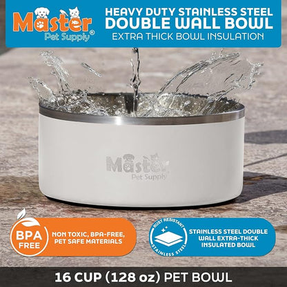 Master Pet Supply Stainless Steel Dog Bowls - 128 oz, Heavy Duty - Bone White, Double Wall Extra-Thick Insulated, Non-Slip Pet Water Bowl for Dogs, Cats & Pets, Anti Rust Metal, Dish Washer Safe
