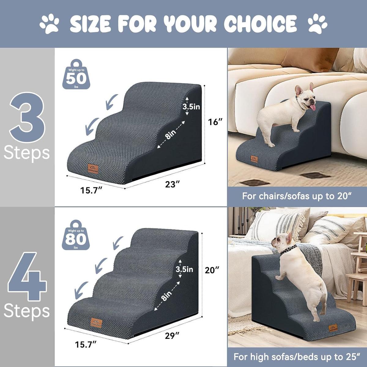 Dog Ramp and Stair for Bed 16" H-20 H,3-Step Cat Stair for Sofa and Chair,4-Step Dog Ramp for High Bed and Window,Durable Nonslip Fabric Cover for Indoor (Dark Grey-20 H, Pet Friendly, 4)