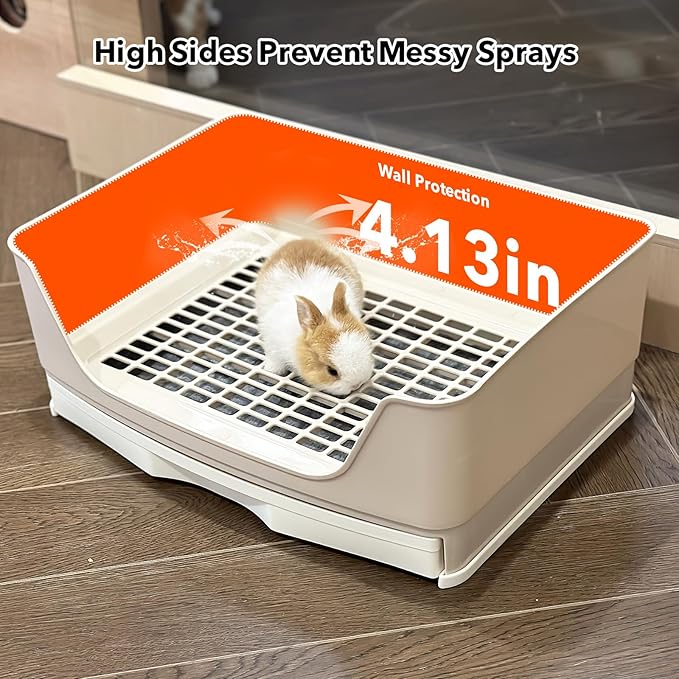 RUBYHOME Oversize Rabbit Litter Box with Drawer, Corner Toilet Box with Grate Potty Trainer, Bigger Pet Pan for Adult Guinea Pigs, Chinchilla, Ferret, Galesaur, Small Animals, 16.9 inch Long (White)