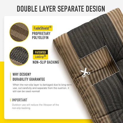 SUNROX LokGrip Non Slip Tufted Memory Foam Bench Cushion, FadeShield Water Resistant Durable Thicken Outdoor/Indoor Bench Seat Pads 42x16x4 inch, Cocoa Stripe