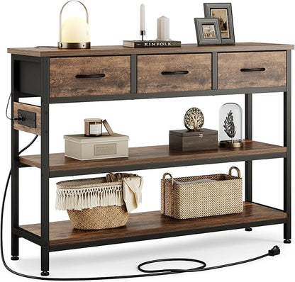 Lulive Entryway Table with Power Outlets, Console Table with 3 Fabric Drawers, Sofa Table for Living Room, Hallway, Couch, Foyer, Height Adjustable (Rustic Brown, 43")
