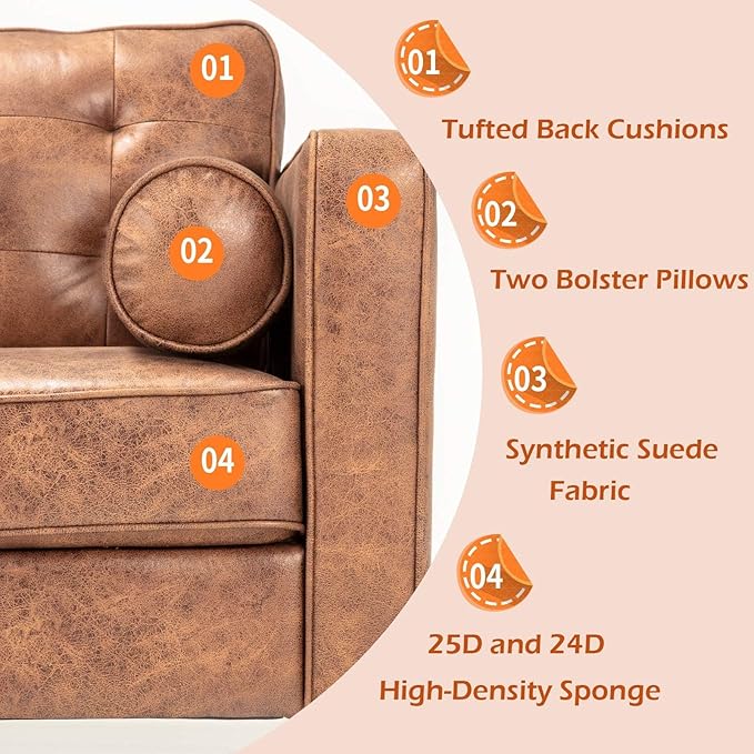Esright Mid Century Modern Faux Leather Sofa, 84.2-Inch 3-Seater Vintage Couch with 2 Bolster Pillows, Large Brown Sofa for Living Room, Apartment, Office