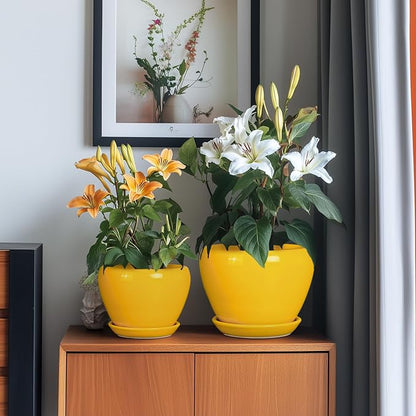 Ceramic Planters Set of 3 - Modern Round 10+8+6 Inch Plant Pots with Drainage Holes and Plant Trays for Indoor Outdoor Flowers, Decorative Garden Room Home Decor, Housewarming Gifts, Yellow