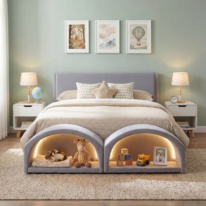 Queen Size Upholstered Platform Bed Frame with Dual Cat Caves, LED Lighted Pet Nests at Footboard, Gray