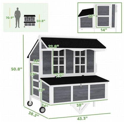 Chicken Coop With Wheels, Chicken Tractor With Nesting Box, Windows, Pull-out Tray, Perches, For 2-4 Hens, Gray