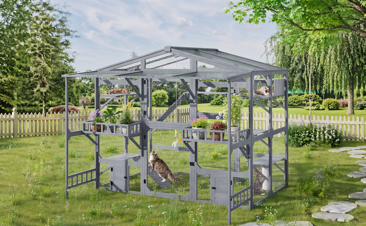 Large Outdoor Catio for 6-10 Cats, Pine Wood Cat Cage Outdoor with Weatherproof Roof, 6 Platforms, Climbing Ramp, 1 Resting Box and Cat Scratching Post, Outdoor Cat House with Storage Shelves, Grey