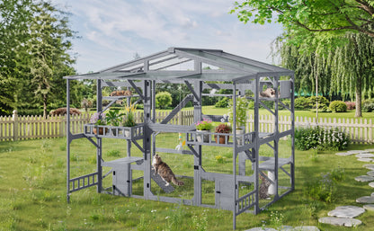 Large Outdoor Catio for 6-10 Cats, Pine Wood Cat Cage Outdoor with Weatherproof Roof, 6 Platforms, Climbing Ramp, 1 Resting Box and Cat Scratching Post, Outdoor Cat House with Storage Shelves, Grey