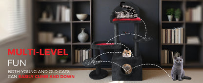 Black Gothic Cat Tree, Multi-Level Spooky Cat Tree with Scratching Posts, Perches, Hammock, and Cat Cave - Black Cat Tower for Indoor Cats with Interactive Toy, Perfect for Multiple Cats 44.5in