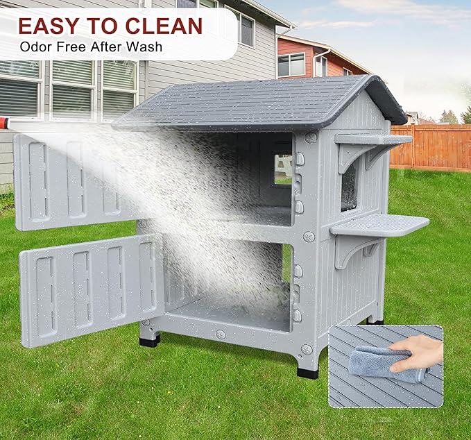 Rockever Plastic Insulated Outdoor Cat House with Escape Door, 2 Story Waterproof Cat House for Outdoor Cats for Feral Cats, Elevated Outside Cat Shelter, Clean and Assemble Easily