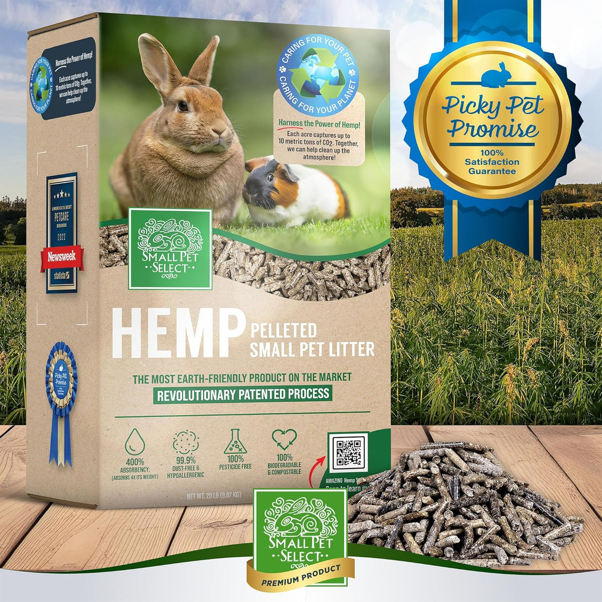 Small Pet Select - Hemp Pelleted Bedding, Non-Clumping, Biodegradable Animal Bedding, Eco Friendly Odor Control for a Rabbits, Hamsters, Guinea Pigs, and Other Small Pets, 20 lb