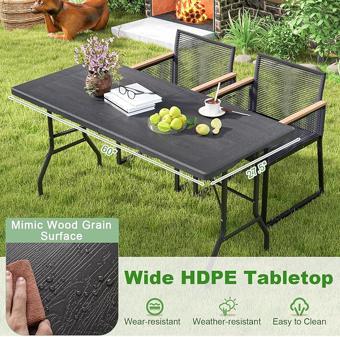 Tangkula 5FT Folding Table, Indoor Outdoor Foldable Plastic Table with HDPE Tabletop, Sturdy Metal Fame, Carrying Handle, 4-6 Person Picnic Table for Camping BBQ Party