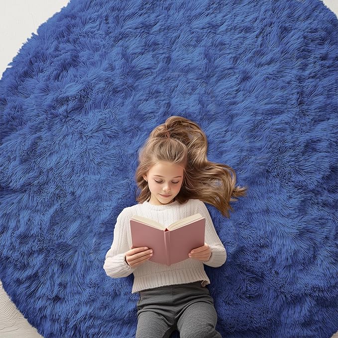 OLANLY Navy Blue Round Rugs for Bedroom - Machine Washable, 6 ft Circle Area Rugs for Living Room, Soft and Fluffy Shaggy Carpet for Teen Girls and Boys, Nursery Rooms, Dorms, Home Decor Aesthetic