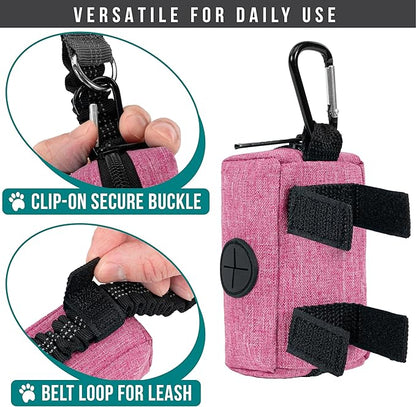 PetAmi Dog Poop Bag Holder for Leash Attachment, Doggie Zipper Pouch Soft Fabric Poop Bag Carrier, Dog Pet Waste Bag Dispenser with Carabiner Clip, 1 Roll of Dog Trash Bag (Pink, 1 Pack)