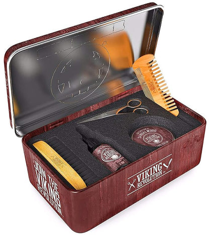 Viking Revolution Ultimate Beard Kit - Sandalwood, 5 Pcs with Metal Box | Complete Multi-Piece Men's Gift Box - Features Boar Brush, Wood Comb, Sandalwood Balm & Oil, Scissors for Beard & Mustache