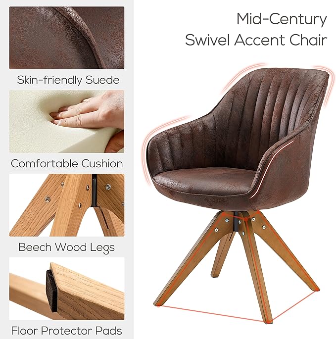 Art Leon Mid Century Modern Swivel Accent Chair with Beech Wood Legs, Desk Chair No Wheels, Armchair for Desk, Suede