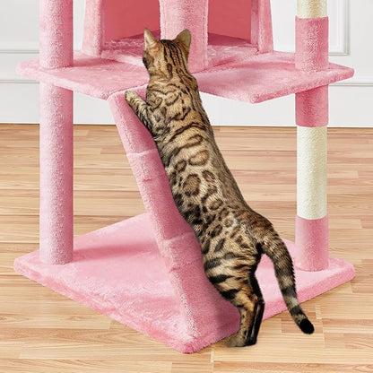 Yaheetech XL Cat Tree, 80in Multi-Level Cat Tower w/Scratching Posts, Double Condo, Perched Platforms and Dangling Balls, Pet Activity Center for Kittens Pets, Pink