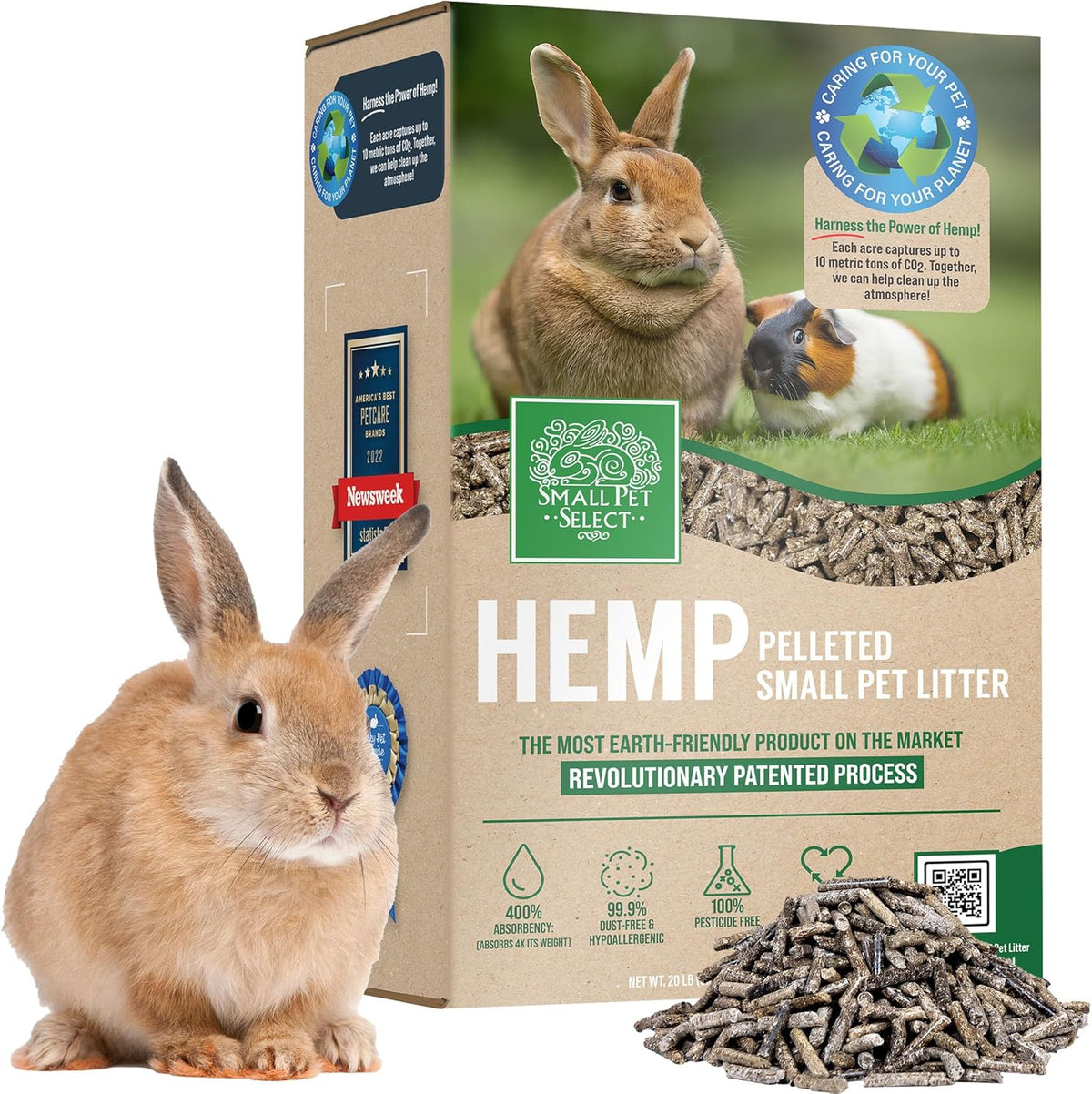 Small Pet Select - Hemp Pelleted Bedding, Non-Clumping, Biodegradable Animal Bedding, Eco Friendly Odor Control for a Rabbits, Hamsters, Guinea Pigs, and Other Small Pets, 20 lb