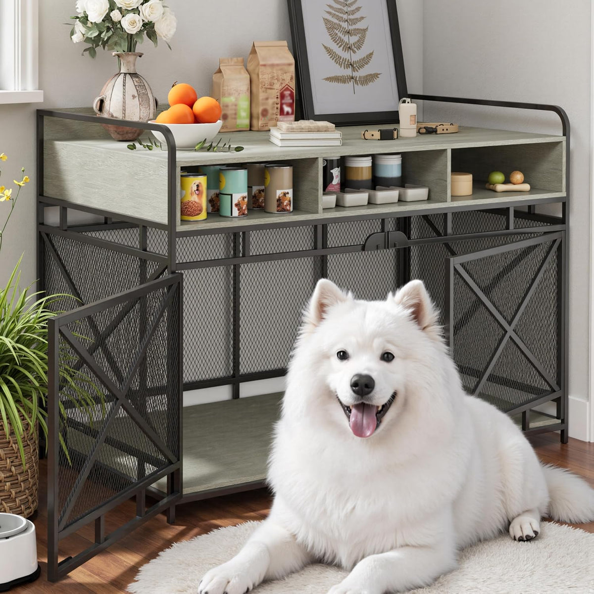Dog Crate Furniture, 48" Heavy Duty Wooden Dog Crate End Table, XL Dog Kennel Furniture Large Breed, Decorative Dog Kennel Indoor with 3 Drawers & Steel Tubes 48" L x28 W x36 H (Grey)