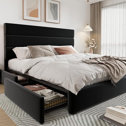 Allewie Modern King Size Platform Bed Frame with 4 Storage Drawers and Velvet Upholstered Headboard, Wooden Slats Support, Upholstered Mattress Foundation/No Box Spring Needed/Easy Assembly, Black