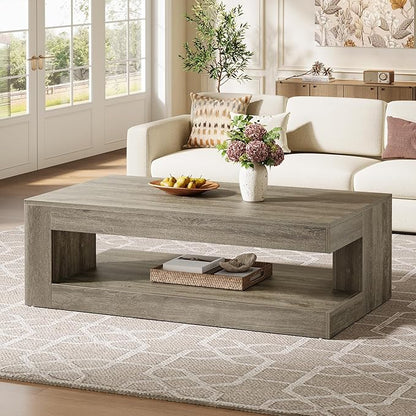 Tribesigns Coffee Table for Living Room, 47.24 Inch Farmhouse 2-Tier Accent Center Tea Cocktail Table with Storage, Elegant Grey, Rectangular