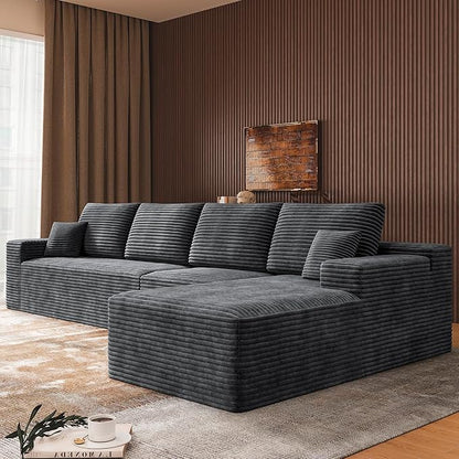 3-Piece Boneless Modular Sectional Sofa, Cloud Couch with Right Facing Chaise, Oversized Deep Seat, Soft Corduroy Fabric, Sectional Couch for Living Room-Grey