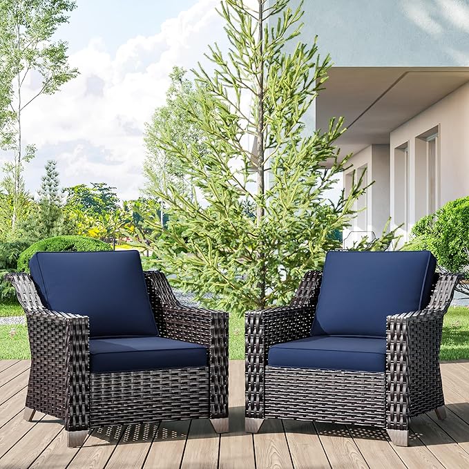 Wicker Patio Chairs Set of 2, Luxury Rattan Patio Furniture with Wide Armrest, Thickened Cushions, Outdoor Chairs for Deck, Porch Use