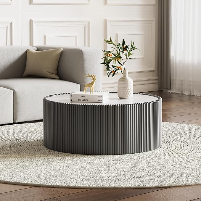 Round Coffee Table Set with Sintered Stone Tabletop, 29.52" Grey Drum Center Table and 17.71" Grey Coffee Table Set, 2 Pieces Living Room Table Set with Fluted PU Leather Cover& Stable Base