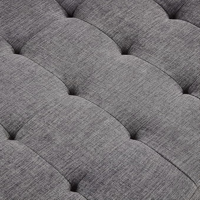24KF Large Square Upholstered Tufted Linen Ottoman Coffee Table, Large Footrest Ottoman with Solid Wood Shelf-Dark Gray