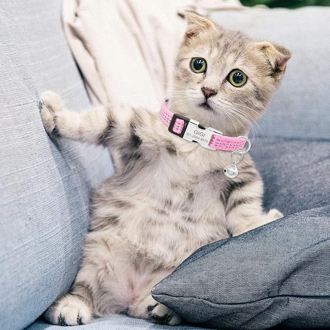 Personalized Reflective Nylon Cat Collar with Name Phone,Custom Engraved Buckle Cat Collar with Bell,Adjustable for Small Dogs Puppy Kitten (Pink,fit 7.5''-12.0'')