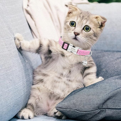 Personalized Reflective Nylon Cat Collar with Name Phone,Custom Engraved Buckle Cat Collar with Bell,Adjustable for Small Dogs Puppy Kitten (Pink,fit 7.5''-12.0'')