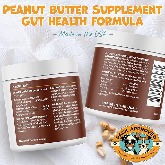 Dog Peanut Butter - with Prebiotic and Probiotic for Dogs to Boost Gut Health - Supports Digestive Support and Immune Support - Peanut Butter Treats - Gut Health (8.46oz)