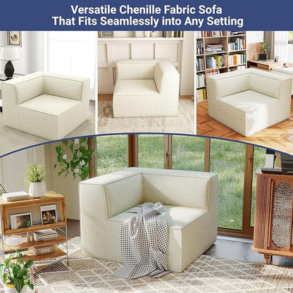 38“ Modular Sectional Sofa Convertible Cube Couch Seat Set, Combine L-Shaped U-Shaped, Free Assembly, Space-Saving for Living Room, Thick Foam Fabric Chenille Beige White (Only Corner)