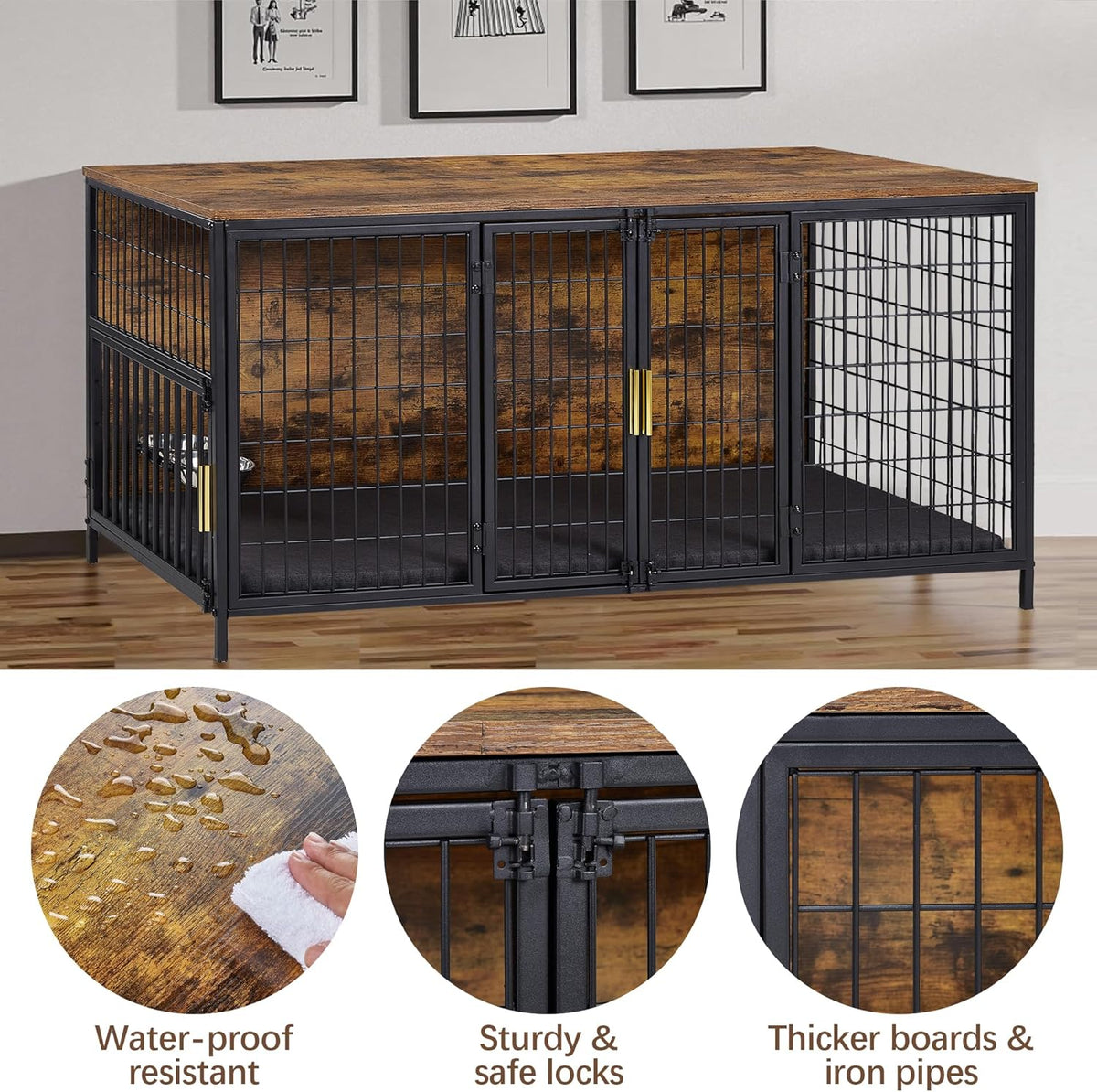 VECELO Dog Crate Furniture for Medium/Large Dogs, Wooden Dog Cage with Cushion, Double Door, Dog Kennel End Table, Brown