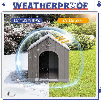 Dog House Outdoor Indoor, Plastic Small Dog House-Weatherproof & Insulated Design with Air Vents & Elevated Floor for Small to Medium Dogs, Easy Clean and Assemble (Grey)