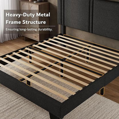 iPormis Queen Platform Bed Frame with Fabric Upholstered Headboard & Thickened Legs, Mattress Foundation w/Solid Wooden Slats Support, Noise Free, No Box Spring Needed, Dark Grey