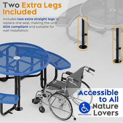 Metal Picnic Tables for Outdoors with Umbrella Hole - Coated Steel Heavy Duty Commercial Grade Furniture Set with Adjustable Seats (Blue, 46 in, Round, Expanded Steel)