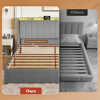 WLIVE King Size Upholstered Bed Frame with 2 Drawers, Linen Tufted Storage Headboard with Charging Ports and LED Light, Sturdy Metal & Wooden Slats Support, No Box Spring Needed, Light Grey